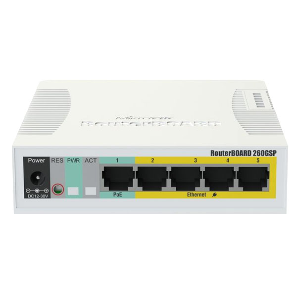 MikroTik  RB260GSP  Коммутатор для малого офиса, 5x10/100/1000 LAN; 1xSFP; SwOS, POE-OUT